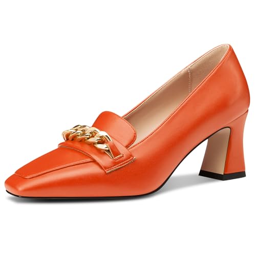 NobleOnly Damen Chunky Blockabsatz Absatz Heel Geschlossene Eckige Zehenkappe Loafers Schuhe Slip-on Pumps Metall Kette Lässig Schuhe 7 cm Heels Orange 35 EU von NobleOnly