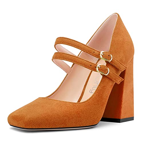 NobleOnly Damen Chunky Blockabsatz Hoher High Absatz Heel Eckige Zehenkappe Pumps Mary Jane Schnalle Party Dress Schuhe Orange 40 EU von NobleOnly