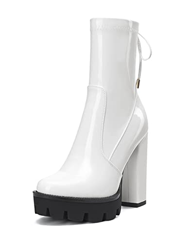 NobleOnly Damen Chunky Blockabsatz Hoher High Absatz Heel Plateau Plattform Runde Zehenkappe Stiefeletten Reißverschluss Hochzeit Party Sexy Stiefel Weiß 43 EU von NobleOnly