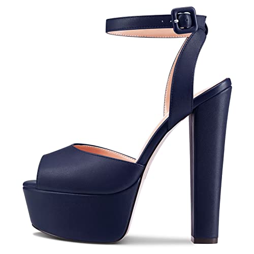 NobleOnly Damen Chunky Blockabsatz Hoher High Plateau Plattform Absatz Heel Peep Open Zehenkappe Knöchelriemen Slingback Hochzeit Sandalen Navy Blau 39 EU von NobleOnly