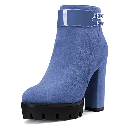 NobleOnly Damen Chunky Blockabsatz Hoher High Plateau Plattform Absatz Heel Runde Zehenkappe Stiefeletten Reißverschluss 12 CM Heels Stiefel Blau 35 EU von NobleOnly