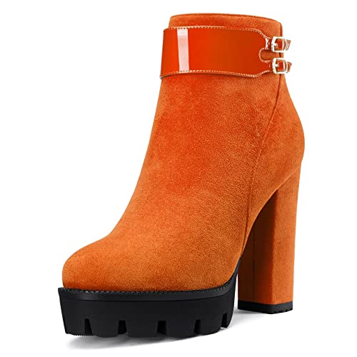 NobleOnly Damen Chunky Blockabsatz Hoher High Plateau Plattform Absatz Heel Runde Zehenkappe Stiefeletten Reißverschluss 12 CM Heels Stiefel Orange 37 EU von NobleOnly