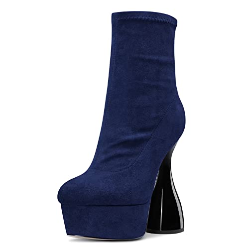 NobleOnly Damen Chunky Blockabsatz Hoher High Plateau Plattform Absatz Heel Runde Zehenkappe Stiefeletten Reißverschluss Sexy 15 CM Heels Stiefel Navy Blau 37 EU von NobleOnly