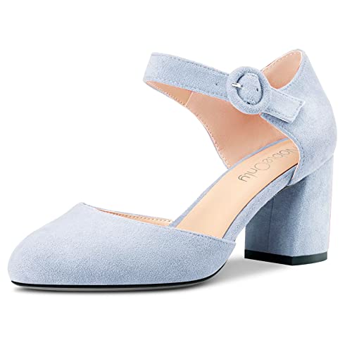 NobleOnly Damen Chunky Blockabsatz Mittlerem Absatz Heel Two-Piece Schnalle Runde Zehenkappe Pumps Clear Cute Hochzeit Büroschuhe Schuhe 6.5 cm Heels Hellblau Wildleder 36 EU von NobleOnly