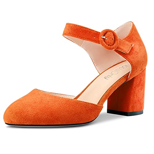 NobleOnly Damen Chunky Blockabsatz Mittlerem Absatz Heel Two-Piece Schnalle Runde Zehenkappe Pumps Clear Cute Hochzeit Büroschuhe Schuhe 6.5 cm Heels Orange Wildleder 39 EU von NobleOnly