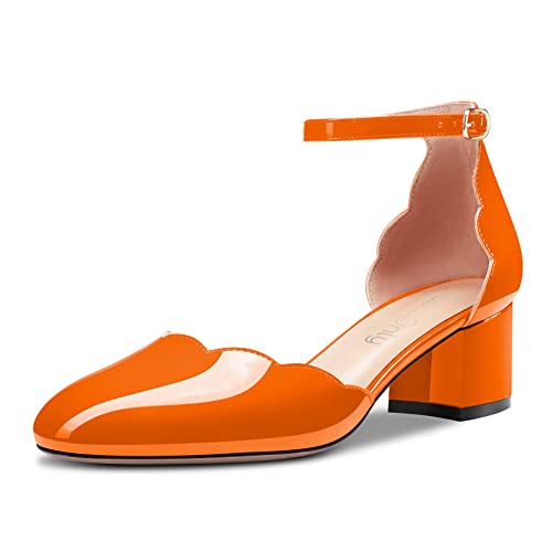 NobleOnly Damen Chunky Blockabsatz Niedrige Absatz Geschlossene Runde Zehenkappe Knöchelriemen Pumps Schnalle Hochzeit Büroschuhe Sandalen 5 cm Heels Orange 38 EU von NobleOnly