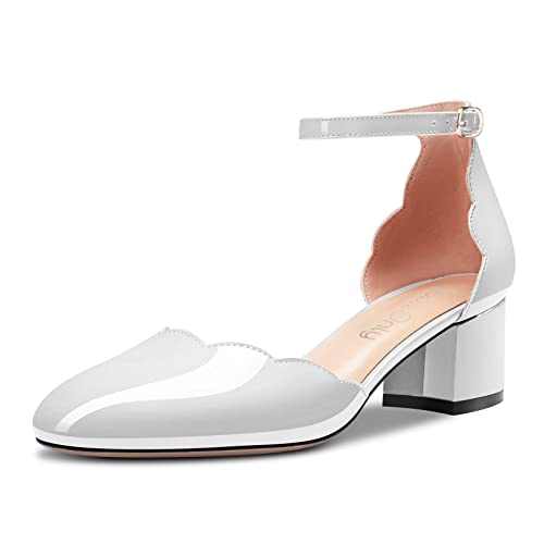 NobleOnly Damen Chunky Blockabsatz Niedrige Absatz Geschlossene Runde Zehenkappe Knöchelriemen Pumps Schnalle Hochzeit Büroschuhe Sandalen 5 cm Heels Weiß 37 EU von NobleOnly