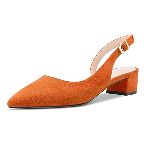 NobleOnly Damen Chunky Blockabsatz Niedrige Absatz Heel Geschlossene Spitze Zehenkappe Sandalen Slingback Slip-on Schnalle Pumps Hochzeit Dress Cute 3.5 CM Heels Schuhe Orange Wildleder 38 EU von NobleOnly