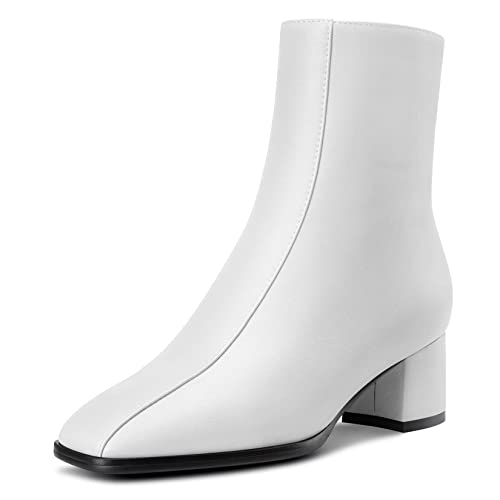 NobleOnly Damen Chunky Blockabsatz Niedrige Kitten Absatz Heel Eckige Zehenkappe Reißverschluss Stiefeletten Hochzeit Dress 5 CM Heels Weiß 40 EU von NobleOnly