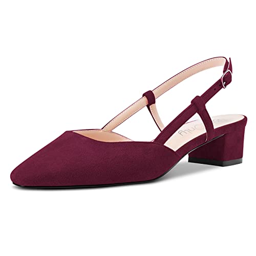 NobleOnly Damen Chunky Blockabsatz Niedrige Kitten Absatz Heel Eckige Zehenkappe Sandalen Slingback Slip-on Pumps Hochzeit Cute Schuhe Burgund Rot 37 EU von NobleOnly