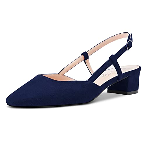 NobleOnly Damen Chunky Blockabsatz Niedrige Kitten Absatz Heel Eckige Zehenkappe Sandalen Slingback Slip-on Pumps Hochzeit Cute Schuhe Navy Blau 38 EU von NobleOnly