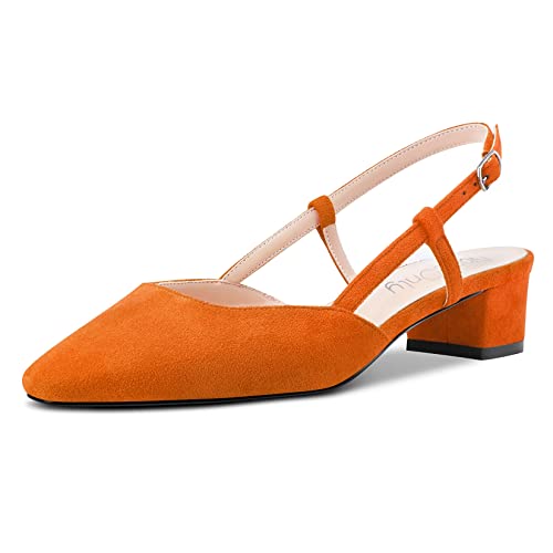 NobleOnly Damen Chunky Blockabsatz Niedrige Kitten Absatz Heel Eckige Zehenkappe Sandalen Slingback Slip-on Pumps Hochzeit Cute Schuhe Orange 37 EU von NobleOnly