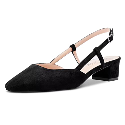 NobleOnly Damen Chunky Blockabsatz Niedrige Kitten Absatz Heel Eckige Zehenkappe Sandalen Slingback Slip-on Pumps Hochzeit Cute Schuhe Schwarz 40 EU von NobleOnly