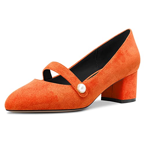 NobleOnly Damen Geschlossene Runde Zehenkappe Mittlerem Chunky Blockabsatz Absatz Heel Mary Jane Pumps Cute Dress Büroschuhe Party Schuhe 5 cm Heels Orange Wildleder 39 EU von NobleOnly