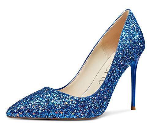 NobleOnly Damen High Heels Lederfutter Stilettos Slip-On Pumps 10CM Heel Blau Glitter Schuhe EU 35 von NobleOnly