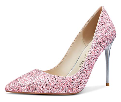 NobleOnly Damen High Heels Lederfutter Stilettos Slip-On Pumps 10CM Heel Pink Glitter Schuhe EU 37 von NobleOnly