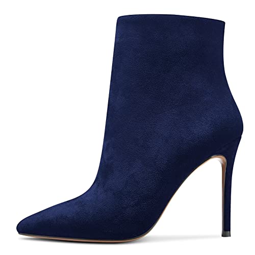 NobleOnly Damen Hoher High Absatz Heel Stiletto Spitze Zehenkappe Stiefeletten Slip-on Reißverschluss Party Büroschuhe Hochzeit Sexy 10 CM Heels Stiefel Blau C 39 EU von NobleOnly