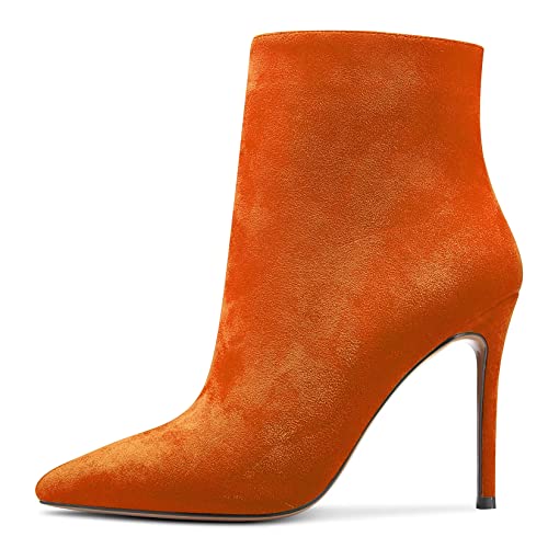 NobleOnly Damen Hoher High Absatz Heel Stiletto Spitze Zehenkappe Stiefeletten Slip-on Reißverschluss Party Büroschuhe Hochzeit Sexy 10 CM Heels Stiefel Orange 40 EU von NobleOnly