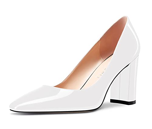 NobleOnly Damen Hoher High Chunky Blockabsatz Absatz Heel Eckige Geschlossene Zehenkappe Slip-on Pumps Klassisch Cute Dress Schuhe Weiß Lackleder 35 EU von NobleOnly