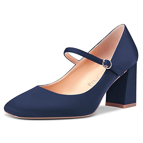 NobleOnly Damen Hoher High Chunky Blockabsatz Absatz Heel Eckige Zehenkappe Sandalen Mary Jane Schnalle Pumps Hochzeit Büroschuhe Cute Schuhe Blau C 43 EU von NobleOnly