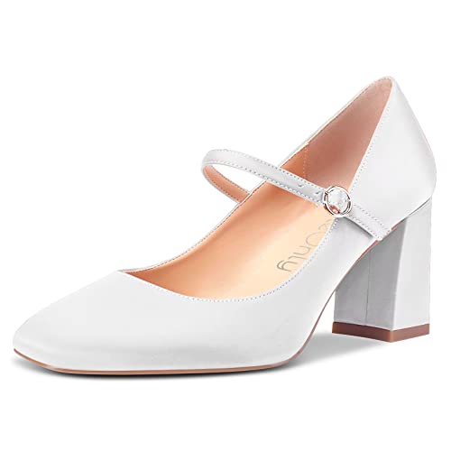 NobleOnly Damen Hoher High Chunky Blockabsatz Absatz Heel Eckige Zehenkappe Sandalen Mary Jane Schnalle Pumps Hochzeit Büroschuhe Cute Schuhe Weiß 39 EU von NobleOnly