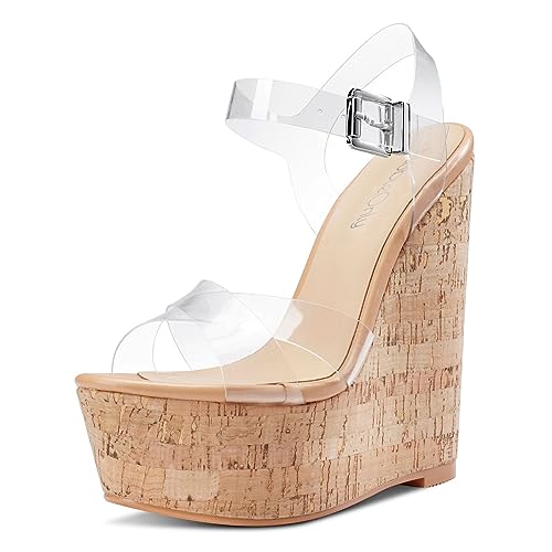 NobleOnly Damen Hoher High Keilabsatz Plateau Plattform Absatz Heel Peep Open Zehenkappe Knöchelriemen Slingback Sandalen Schnalle Dress Schuhe 16 CM Heels Transparent 38 EU von NobleOnly