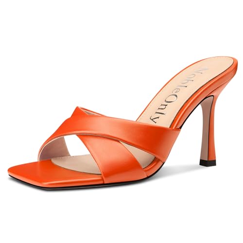 NobleOnly Damen Hoher High Stiletto Absatz Heel Open Eckige Zehenkappe Sandalen Kreuzriemen Slip-on Pantoletten Schuhe Dress Sandalen 9 CM Heels Orange 35 EU von NobleOnly