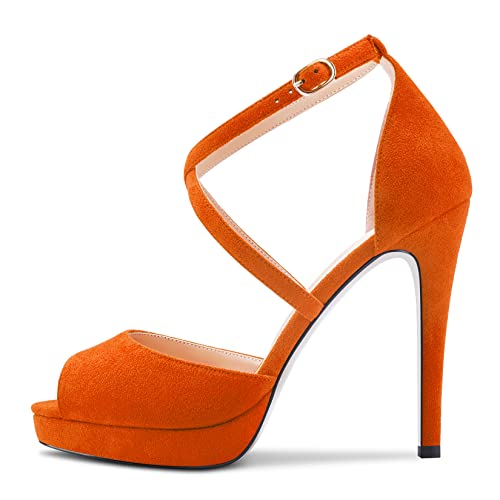 NobleOnly Damen Hoher High Stiletto Plateau Plattform Absatz Heel Kreuzriemen Peep Open Zehenkappe Sandalen Sexy Clear Dress 12 CM Heels Orange Wildleder 35 EU von NobleOnly