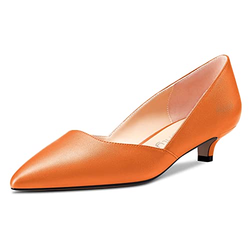 NobleOnly Damen Kitten Niedrige Absatz Heel Spitze Zehenkappe Pumps Slip-on Hochzeit Büroschuhe 3.5 cm Heels Orange 36 EU von NobleOnly