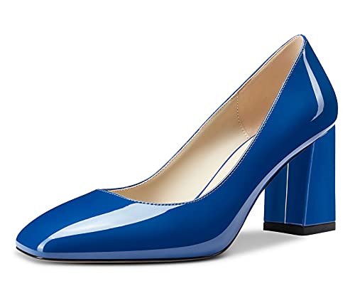 NobleOnly Damen Lederfutter Quadratische Zehe High Heels Pumps Blockabsatz 7.5CM Heel Blau Lackleder Schuhe EU 39 von NobleOnly