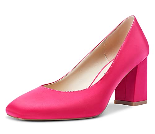 NobleOnly Damen Lederfutter Quadratische Zehe High Heels Pumps Blockabsatz 7.5CM Heel Pink Satin Schuhe EU 41 von NobleOnly