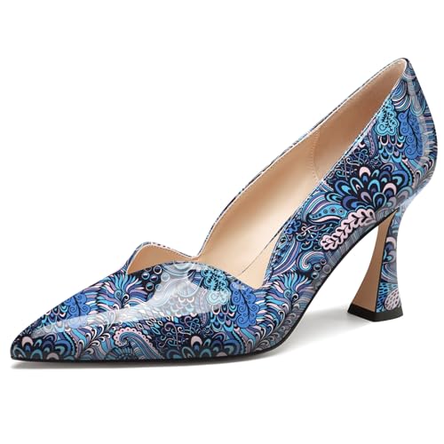 NobleOnly Damen Mittlerem Absatz Heel Spitze Zehenkappe Dress Slip-on Pumps Cute Lässig Büroschuhe Klassisch Schuhe 8 cm Heels Blau Mehrfarbig 39 EU von NobleOnly