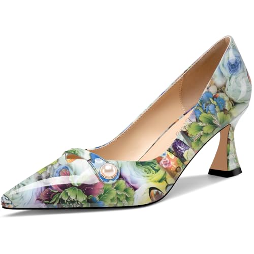 NobleOnly Damen Mittlerem Absatz Heel Spitze Zehenkappe Slip-on Perlen Dress Pumps Glitzer Lässig Schuhe 6 cm Heels Grüne Blume 39 EU von NobleOnly