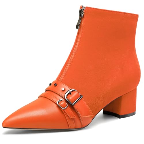 NobleOnly Damen Mittlerem Blockabsatz Absatz Heel Spitze Zehenkappe Nieten Patchwork Stiefeletten Schnalle Reißverschluss Abschlussball Schuhe 5 CM Heels Orange 36 EU von NobleOnly