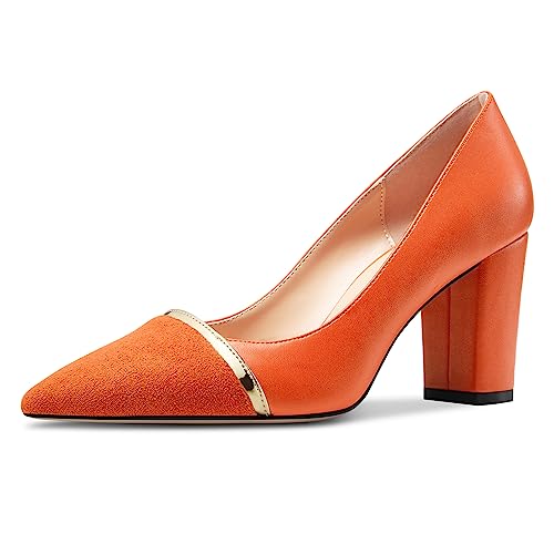 NobleOnly Damen Mittlerem Blockabsatz Absatz Heel Spitze Zehenkappe Slip-on Patchwork Pumps Abschlussball Lässig Party Schuhe 8 cm Heels Orange 39 EU von NobleOnly