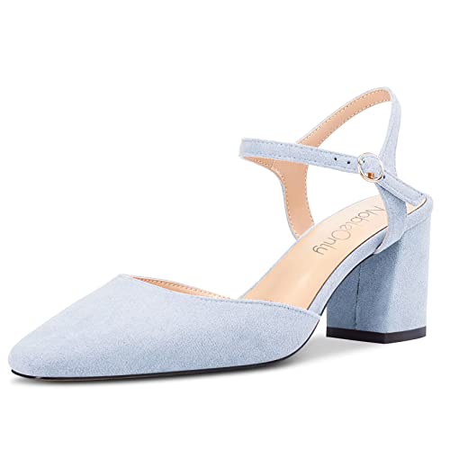 NobleOnly Damen Mittlerem Chunky Blockabsatz Absatz Heel Geschlossene Eckige Zehenkappe Slingback Knöchelriemen Sandalen Party Dress Schuhe 6.5 CM Heels Hellblau 37 EU von NobleOnly