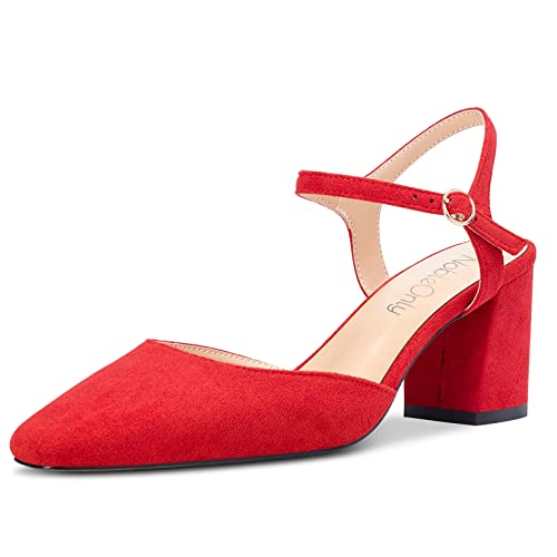 NobleOnly Damen Mittlerem Chunky Blockabsatz Absatz Heel Geschlossene Eckige Zehenkappe Slingback Knöchelriemen Sandalen Party Dress Schuhe 6.5 CM Heels Rot 38 EU von NobleOnly