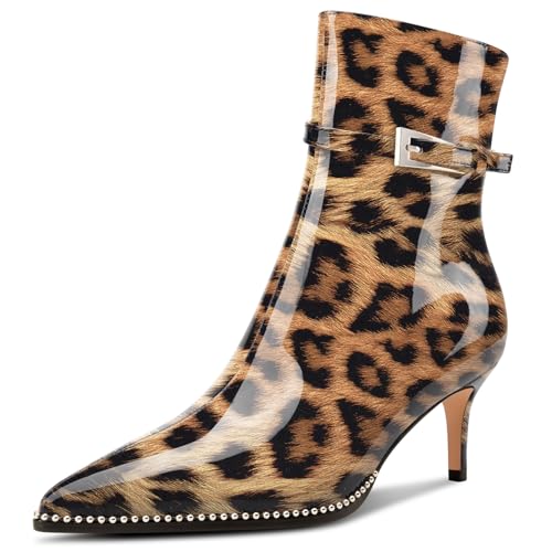 NobleOnly Damen Mittlerem Kitten Absatz Heel Geschlossene Spitze Zehenkappe Stiefeletten Schnalle Reißverschluss Lässig Stiefel 6.5 CM Heels Braun Leopard 35 EU von NobleOnly