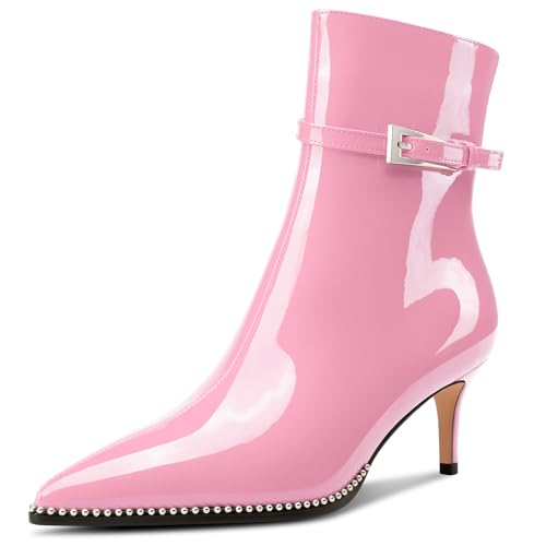 NobleOnly Damen Mittlerem Kitten Absatz Heel Geschlossene Spitze Zehenkappe Stiefeletten Schnalle Reißverschluss Lässig Stiefel 6.5 CM Heels Rosa 36 EU von NobleOnly