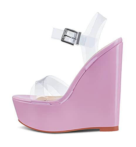 NobleOnly Damen Mode-Sandalen Plattform Keilsandale Peep-Toes Ankle-Strap 16CM Wedge High Heels Pink Schuhe EU37 von NobleOnly