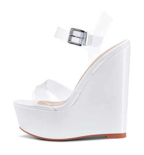 NobleOnly Damen Mode-Sandalen Plattform Keilsandale Peep-Toes Ankle-Strap 16CM Wedge High Heels Weiß Schuhe EU38 von NobleOnly