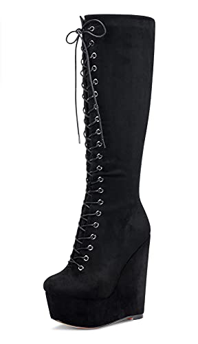 NobleOnly Damen Mode-Stiefel Plattform Wedge Mid Calf Boots Reißverschluss Wadenhoch 16CM High Heels Schwarz Wildleder Schuhe EU 39 von NobleOnly