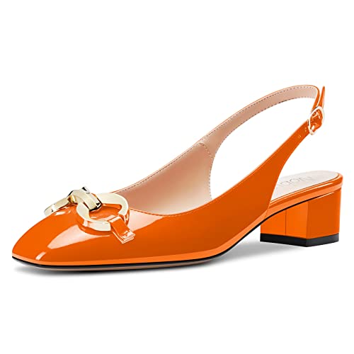 NobleOnly Damen Niedrige Chunky Blockabsatz Kitten Absatz Heel Eckige Zehenkappe Sandalen Knöchelriemen Slingback Slip-on Pumps Hochzeit Party Dress Schuhe Orange 38 EU von NobleOnly