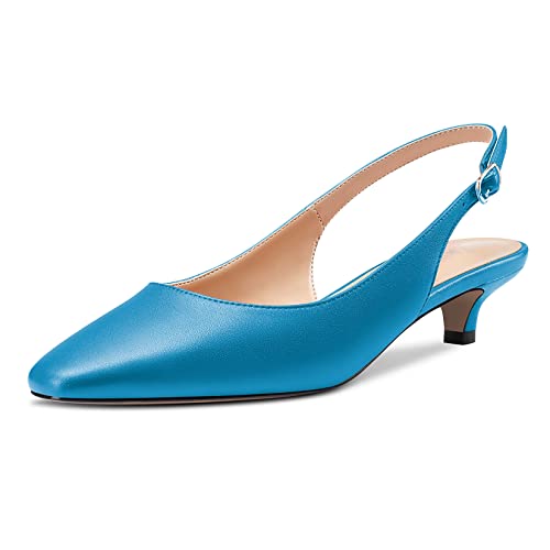 NobleOnly Damen Niedrige Kitten Absatz Heel Eckige Zehenkappe Slingback Pumps Slip-on Büroschuhe Cute Dress 3.5 CM Heels Sandalen Blau 38 EU von NobleOnly