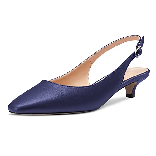 NobleOnly Damen Niedrige Kitten Absatz Heel Eckige Zehenkappe Slingback Pumps Slip-on Büroschuhe Cute Dress 3.5 CM Heels Sandalen Navy Blau Matt 43 EU von NobleOnly