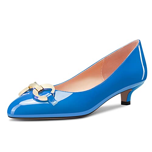 NobleOnly Damen Niedrige Kitten Absatz Heel Runde Zehenkappe Pumps Slip-on Hochzeit Cute 3.5 cm Heels Blau Lackleder B 42 EU von NobleOnly