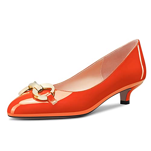 NobleOnly Damen Niedrige Kitten Absatz Heel Runde Zehenkappe Pumps Slip-on Hochzeit Cute 3.5 cm Heels Orange Lackleder 40 EU von NobleOnly