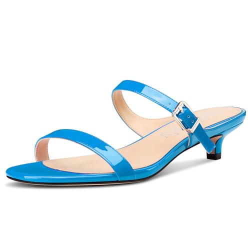 NobleOnly Damen Open Zehenkappe Niedrige Kitten Absatz Heel Sandalen Slip-on Schnalle Dress Büroschuhe Abschlussball Sommer Schuhe 3.5 CM Heels Blau 40 EU von NobleOnly