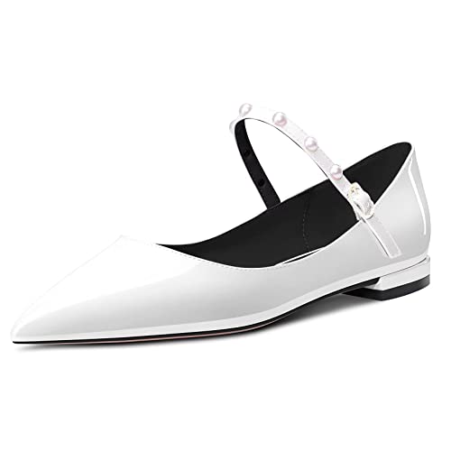 NobleOnly Damen Spitze Zehenkappe Niedrige Absatz Heel Knöchelriemen Schnalle Pumps Cute Dress Büroschuhe Hochzeit Schuhe 1 cm Heels Weiß Lackleder 40 EU von NobleOnly