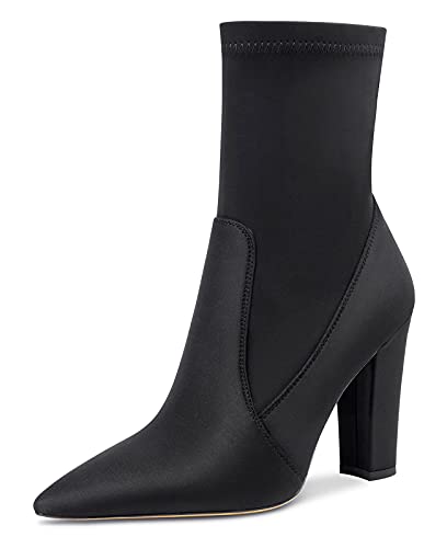 NobleOnly Damen Stiefeletten Reißverschluss Knöchelhoch Blockabsatz 10CM High Heels Stiefel Schwarz Satin Schuhe EU 39 von NobleOnly